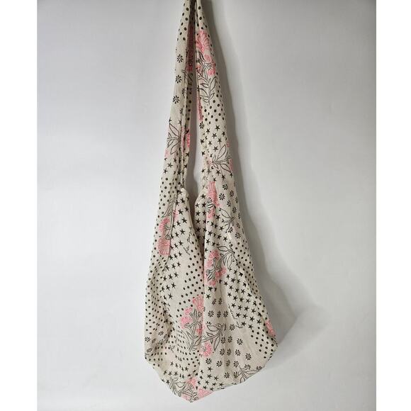 Free People Floral Gauzy Boho Medium Reusable Tote Bag Beige Black Pink - Picture 1 of 3